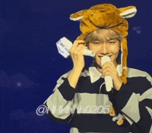 a man wearing a bear hat is holding a microphone in his hand
