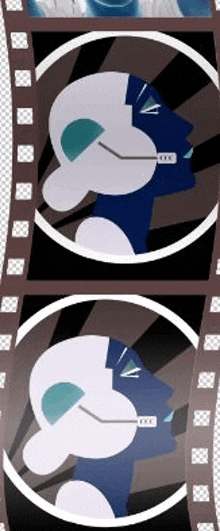 a film strip with a cartoon of a man 's head with headphones on .