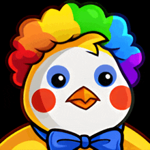 a cartoon chicken wearing a clown wig and a blue bow tie