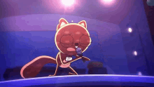 a cartoon squirrel is singing into a microphone and has a name tag that says ' gail ' on it