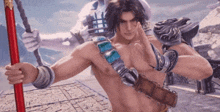 a man without a shirt is holding a red stick in a video game