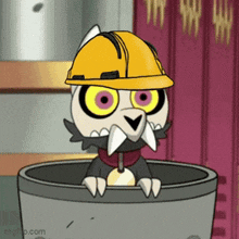 a cartoon owl is wearing a hard hat and sitting in a bucket .