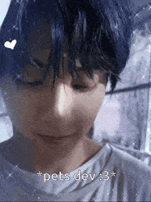 a close up of a person 's face with the words * pets dev : 3 * written on it