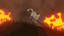 a cartoon cat with blue eyes is standing in front of a fire