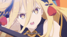 a close up of a anime girl with the words michael helles written below her