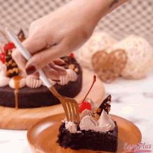 a person is taking a piece of cake with a fork from a plate that says easy plus on it