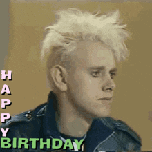 a young man with a mohawk and the words happy birthday behind him