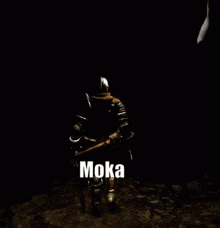 a video game character is standing in front of a skeleton with the words " lizard " and " moka " on the bottom