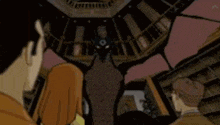 a cartoon of two men standing next to each other in a library with a shadow of a monster behind them .