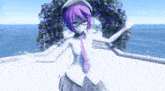 a girl with glasses and purple hair is standing in front of a body of water