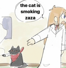 a cartoon of a cat smoking a cigarette next to a woman .