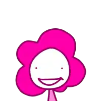 a cartoon character with a pink flower on his head and a smile on his face
