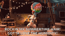 a giraffe with a clown wig is dancing and saying " rockin my summertime hair gotta love the humidity "