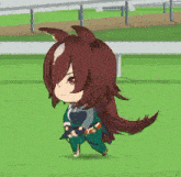 a cartoon character with long brown hair and ears is walking on a green field .