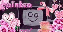 a computer screen with a smiley face and the words painter in pink