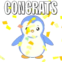 a blue and white penguin is surrounded by confetti and the words congrats