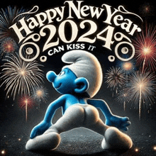 a smurf is dancing in front of fireworks and says happy new year 2024 can kiss it .