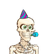 a cartoon of a skeleton wearing a party hat and a party horn