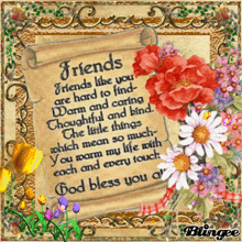 a greeting card with flowers and a poem about friends