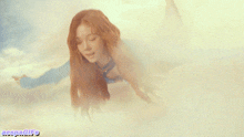 a woman with long red hair is flying through the air with a purple border that says nospagifo