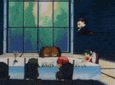 a group of cartoon characters are sitting around a table with numbers 9999 on it