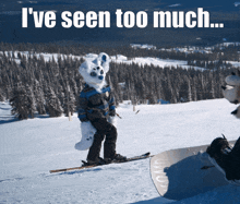 a person in a furry costume standing on a snowboard with the words i 've seen too much
