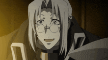a cartoon character with glasses and long white hair looks surprised