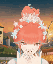a girl with flowers in her hair is covering her mouth