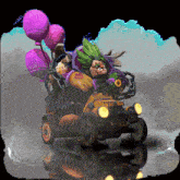 a cartoon character driving a car with balloons hanging from it