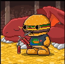 a pixel art illustration of a hamburger holding a dynamite