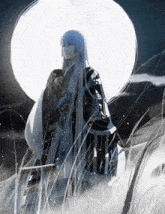 a man with long blue hair is standing in a field of tall grass in front of a full moon