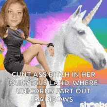 a woman in a black dress is sitting on a unicorn