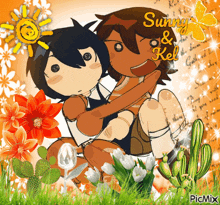 a picture of sunny and kel with flowers and a sun