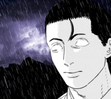a black and white drawing of a man in the rain with his eyes closed