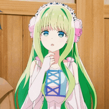 a girl with green hair wearing a white dress