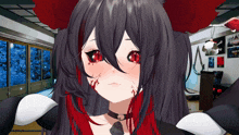 a girl with blood on her face is in a room with posters on the wall that say assassin 's creed