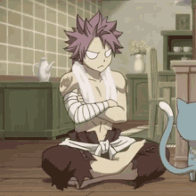 a cartoon character with a towel around his neck sits on the floor
