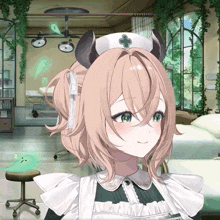 a nurse with horns and a white hat with a green cross on it