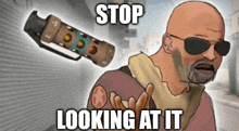 a cartoon of a man wearing sunglasses and a bomb with the words stop looking at it