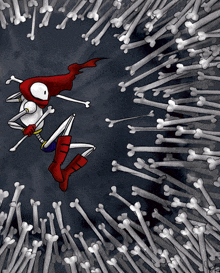 a cartoon drawing of a skeleton with a red cape surrounded by white bones