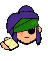 a cartoon character with purple hair and a green headband is holding a piece of paper