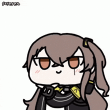 a cartoon of a girl with pigtails and a scarf around her neck is making a funny face .