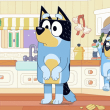 a cartoon dog is standing in a kitchen with a sink