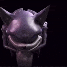 a close up of a purple sonic the hedgehog with blue eyes on a black background .
