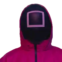 a person wearing a pink jacket and a black mask with a square in the middle