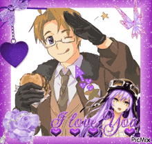 a picture of a man holding a hamburger and a girl with the words i love you on the bottom