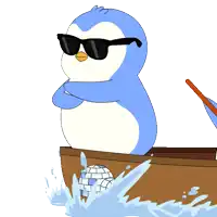 a blue and white penguin wearing sunglasses is sitting in a boat