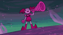 a pink cartoon character is blowing a horn in the air .