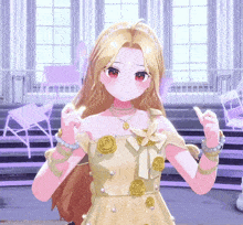 a girl with long blonde hair and red eyes is wearing a gold dress
