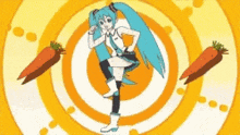 a cartoon of a girl dancing with carrots behind her